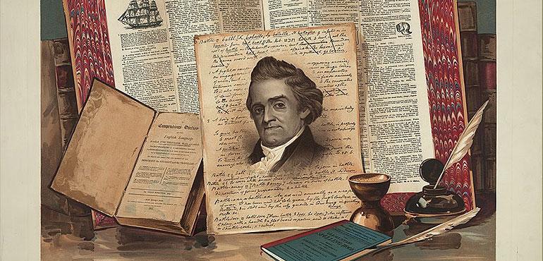 "Noah Webster, the schoolmaster of the Republic" is a graphical artwork from the Libary of Congress.