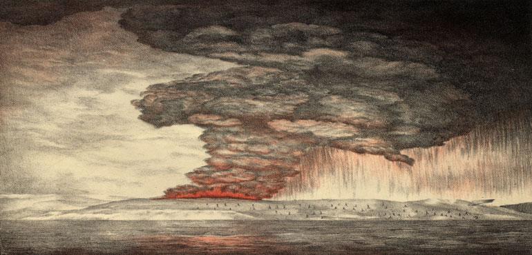 An 1888 lithograph of the 1883 eruption of Krakatoa. (Parker & Coward/Wikimedia Commons)