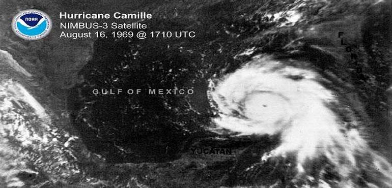 NIMBUS-3 satellite imagery of Hurricane Camille on August 16, 1969. (NOAA)