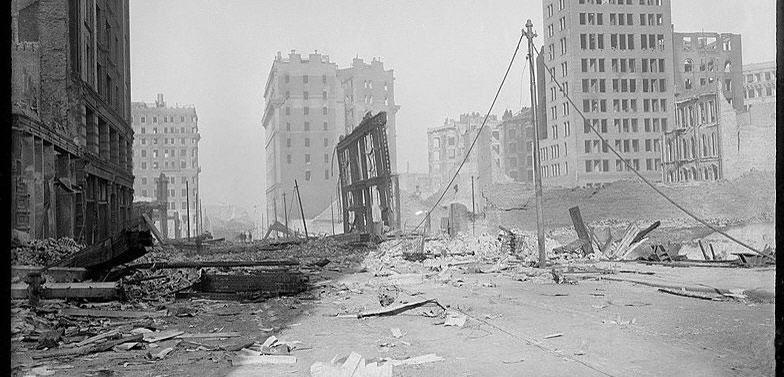 This is a view from Montgomery Street looking towards Market. In the background to the right are the remains of the Palace Hotel. (Courtesy Edith Irvine Collection, L. Tom Perry Special Collections, Harold B. Lee Library, Brigham Young University; 1906)