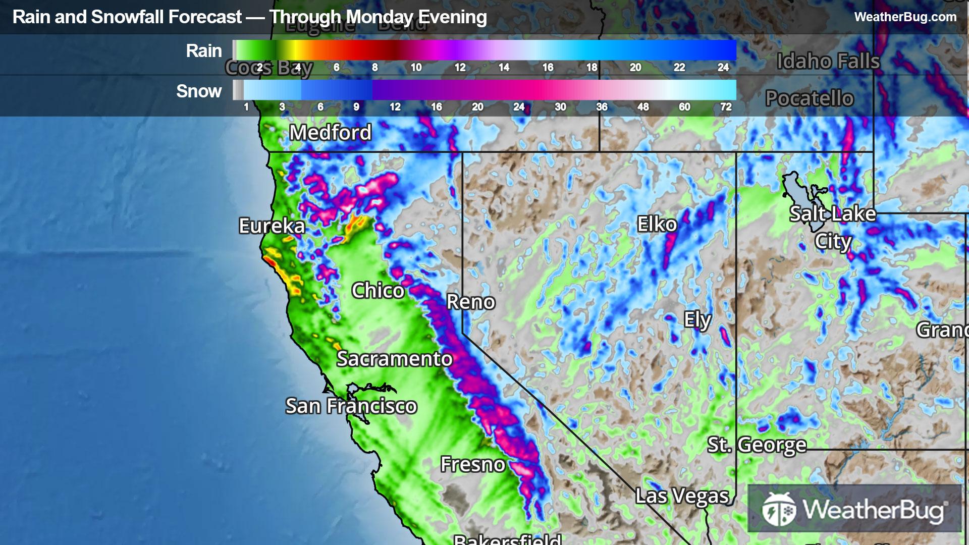 Rain and Snow Totals Through Monday Evening