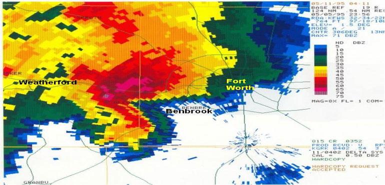 Radar imagery from 6:56pm shows a close-up of the Mayfest supercell centered west of Benbrook. The pink and darkest red colors represent radar indications of large hail with this storm. The storm impacted the Mayfest festival at 7:10pm. (NWS Fort Worth/Dallas)