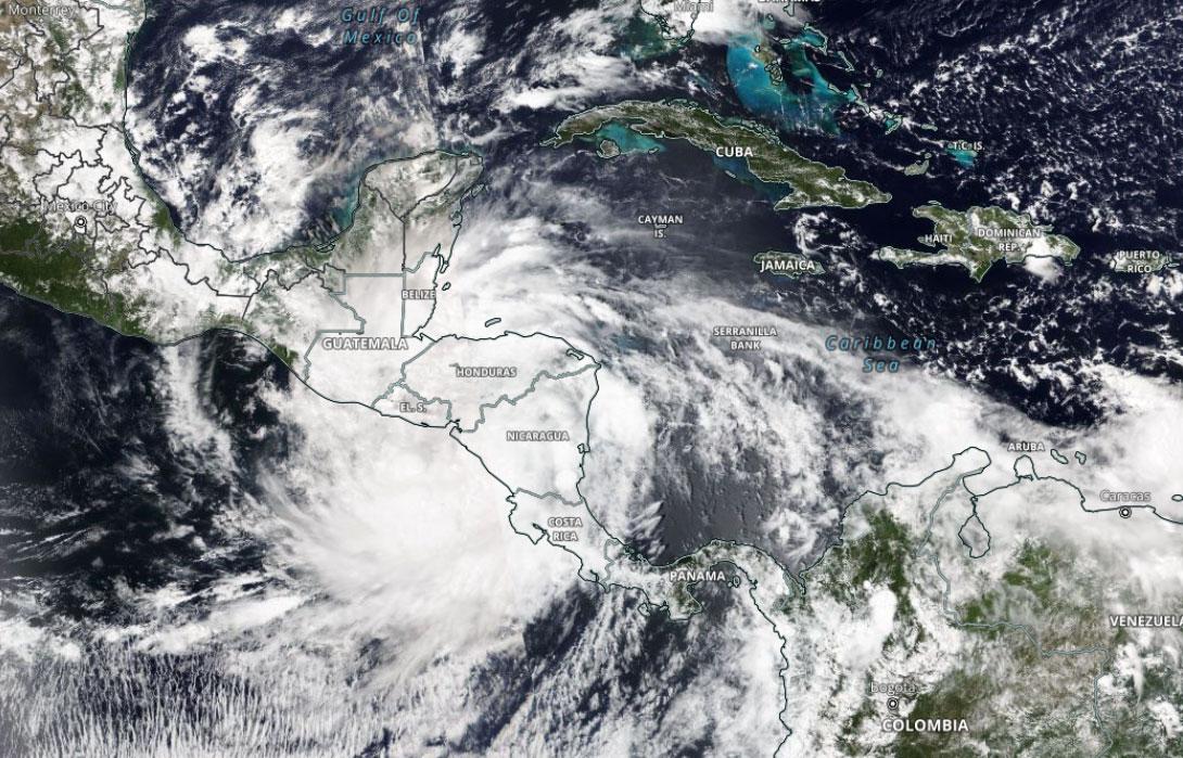 Tropical Storm Julia crosses into the Pacific on October 9 after making landfall in Nicaragua as a Category 1 Hurricane. Image from NASA NOAA-20/VIIRS True Color.
