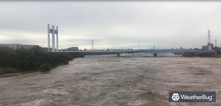 Swollen Tama River in Japan.
