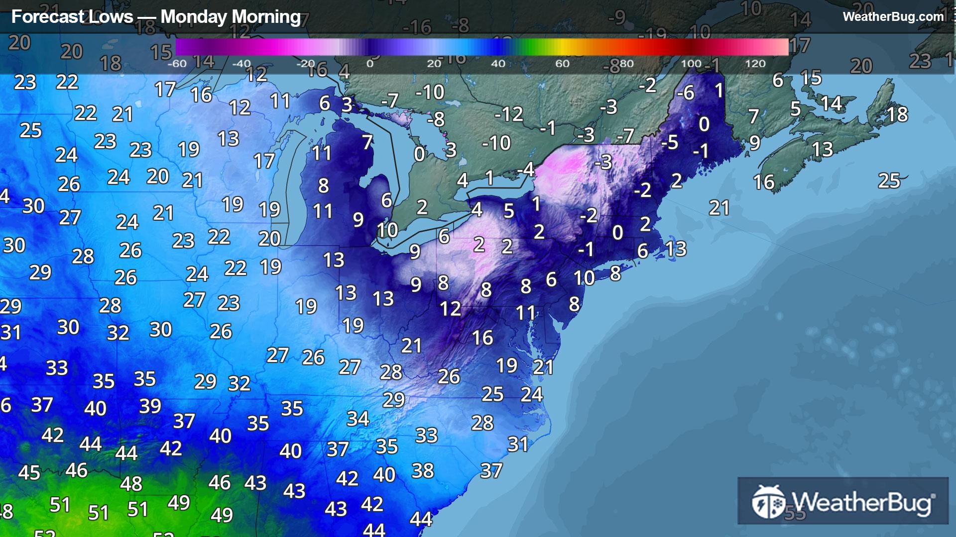 Monday Morning's Low Temperatures