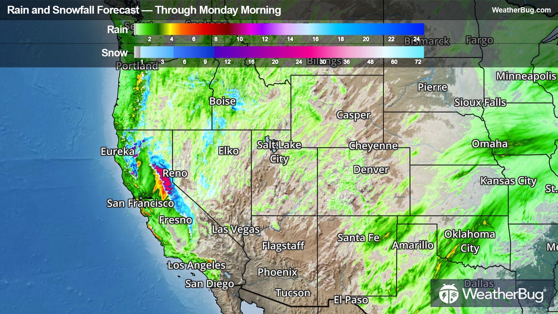 Rain and snow forecast through Monday morning