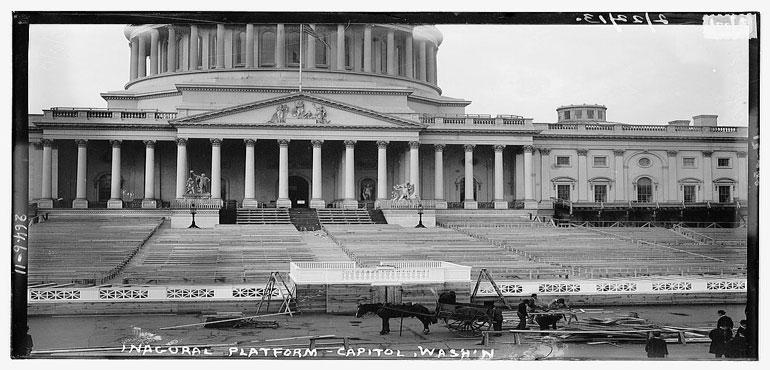 Inauguration platform under construction for Woodrow Wilson’s first inauguration in 1913. (Wikimedia Commons)