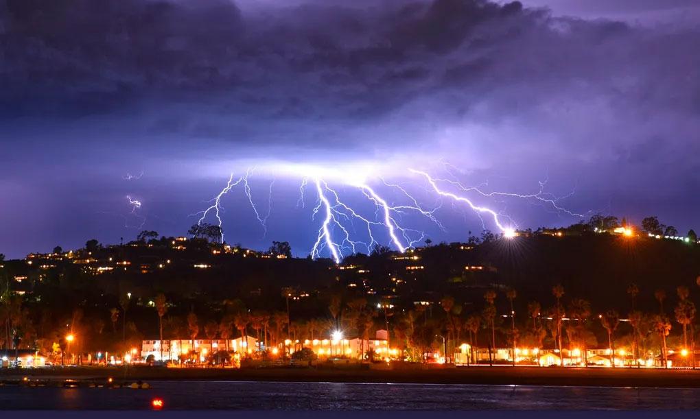 Time-exposure photo provided by the Santa Barbara County Fire Department shows a series of lightning strikes over Santa Barbara, California, on Tuesday, March 5 2019. (Mike Eliason/Santa Barbara County Fire Department via AP)