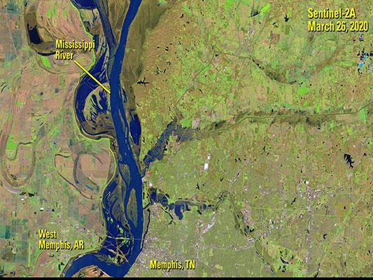 A satellite image showing the Mississippi River near Memphis, Tenn., from March 26, 2020. (Courtesy of Earth Resources Observation and Science Center (EROS)).