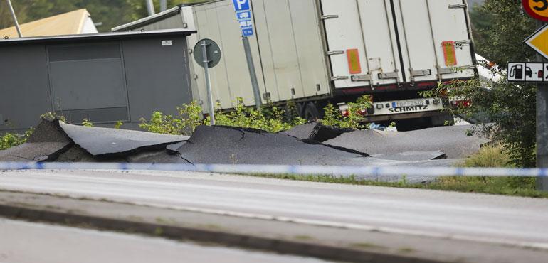 A view of the E6 near Stenungsund, closed in both directions after persistent rain has caused a landslide, in Stenungsund, Saturday, Sept. 23, 2023. (Adam Ihse/AP)