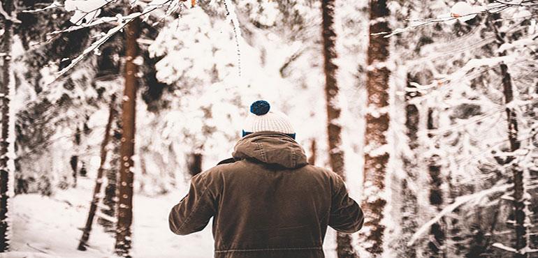 A person standing in a snowy forest with their back to the camera. They are bundled up in a white hat and a brown jacket. (Image by StockSnap from Pixabay)