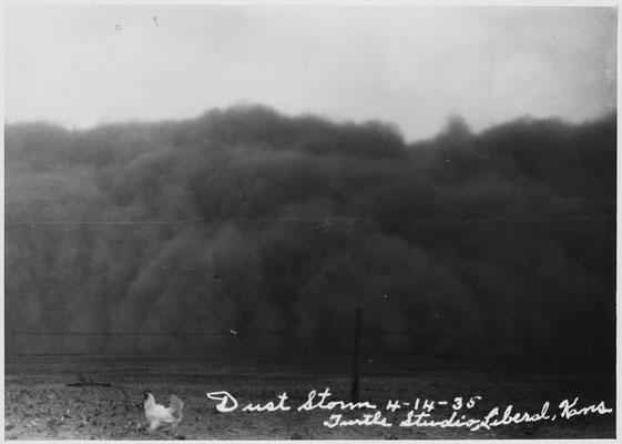 Dust Storm in Liberal, Kansas on April 14, 1935 (Wikimedia Commons).