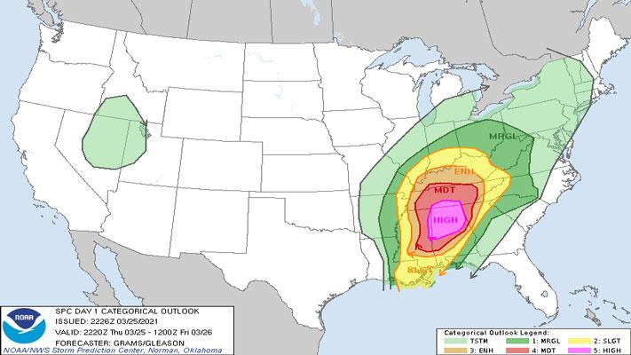 A Convective Outlook from March 25, 2021 that depicts all thunderstorm risk categories. Numerous Tornadoes occurred across the Deep South and Tennessee Valley. NOAA/NWS Storm Prediction Center