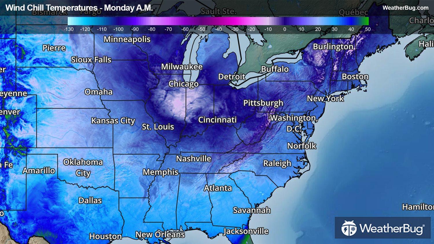 Wind chill temperatures Monday A.M.