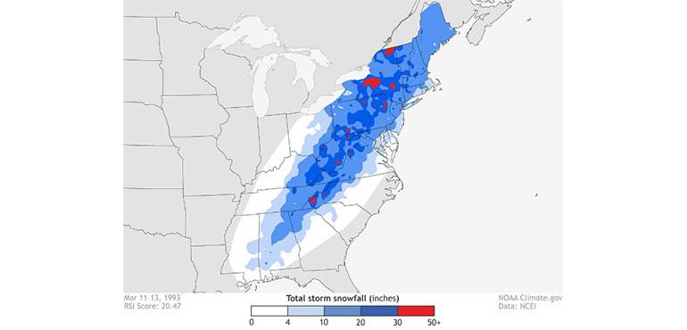 Snowfall accumulation map for the Storm of the Century (NOAA, Climate.gov, NCEI)