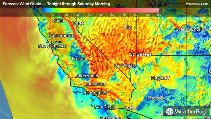 Forecast winds overnight into Saturday