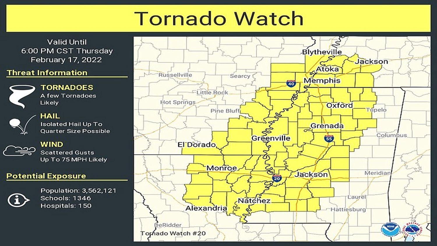 A national weather service tornado watch graphic issued on February 17, 2022.