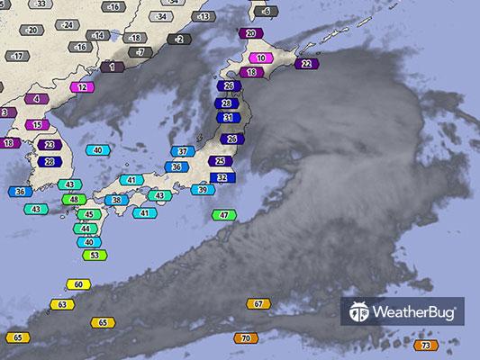 The satellite image shows a big winter storm departing Japan's coast early Tuesday morning, January 23, 2018.