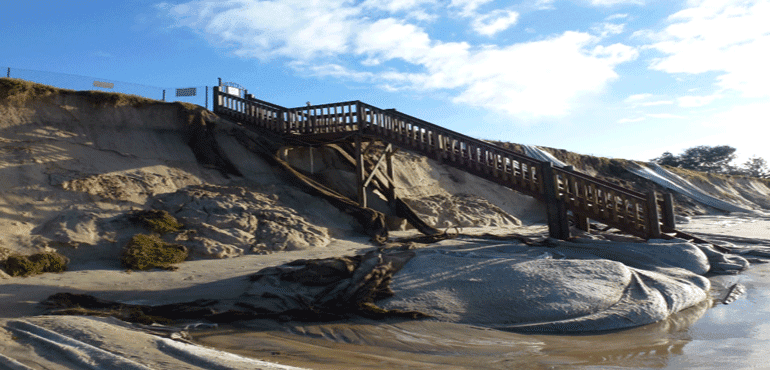 Boardwalk stairs heading to the ocean.
