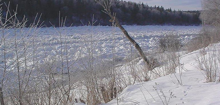 An ice jam along the Allagash River in Allagash, Maine. (Wikimedia Commons)