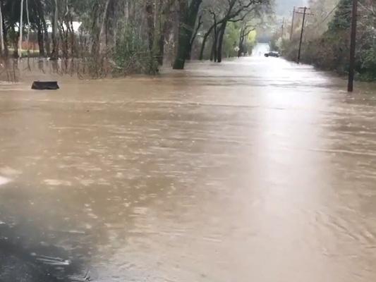 Roads near St. Helena in California's Napa River Valley are seen submerged by flood waters January 7-8, 2017. (Credit: Twitter/Craig Philpott via Storyful)
