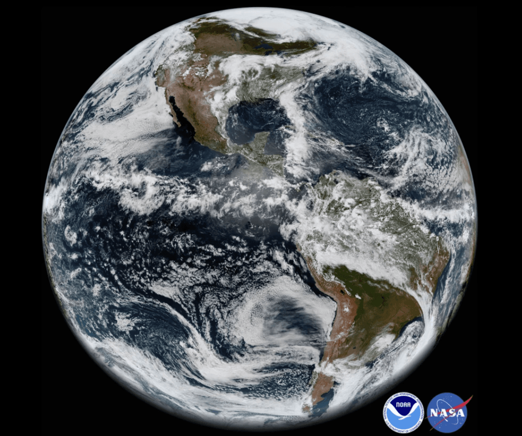 This image provided by NOAA/NASA in this May 31, 2018 satellite image shows the Earth's western hemisphere at Noon EDT.