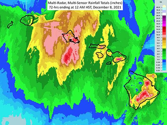 Radar estimated rainfall following a Kona Low that impacted Hawaii in early December 2021. (Courtesy of the National Weather Service in Honolulu, Hawaii)