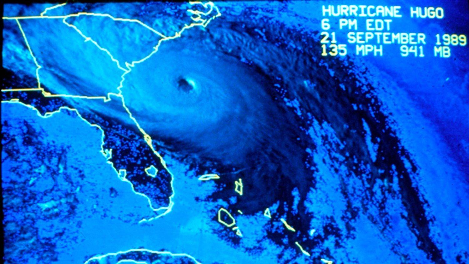 Satellite imagery of Category 4 Hurricane Hugo approaching the South Carolina coastline at 6 p.m. EDT on September 21, 1989. (NOAA Photo Library/NHC)