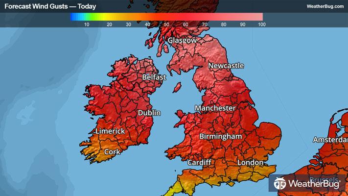 Gust forecast for today in Ireland and the UK