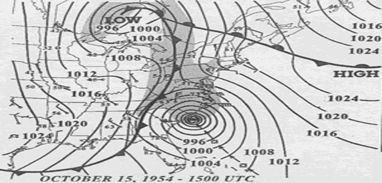 15 UTC map of October 1954 showing Hurricane Hazel and the meteorological set-up. (NOAA/Wikimedia Commons)