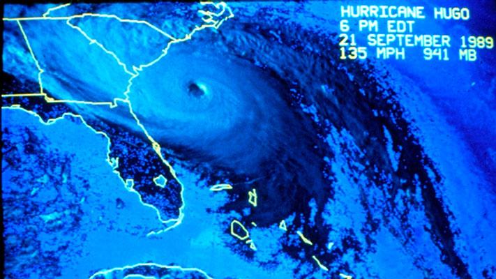 Satellite imagery of Category 4 Hurricane Hugo approaching the South Carolina coastline at 6 p.m. EDT on September 21, 1989. (NOAA Photo Library/NHC)