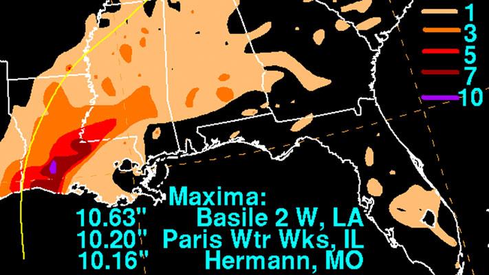Rainfall totals from Hurricane Audrey across the South (Wikimedia Commons/Weather Prediction Center).