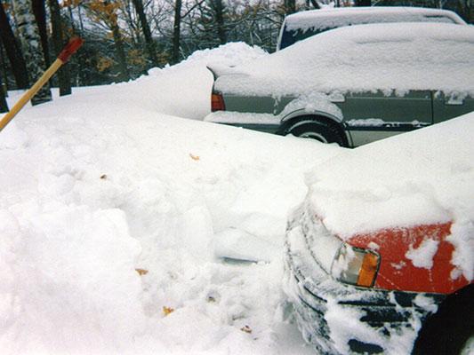A 1992 Toyota Tercel is partially dug out after the Superstorm of 1993 at Fort Devens, Mass. (Courtesy of Wikimedia Commons)