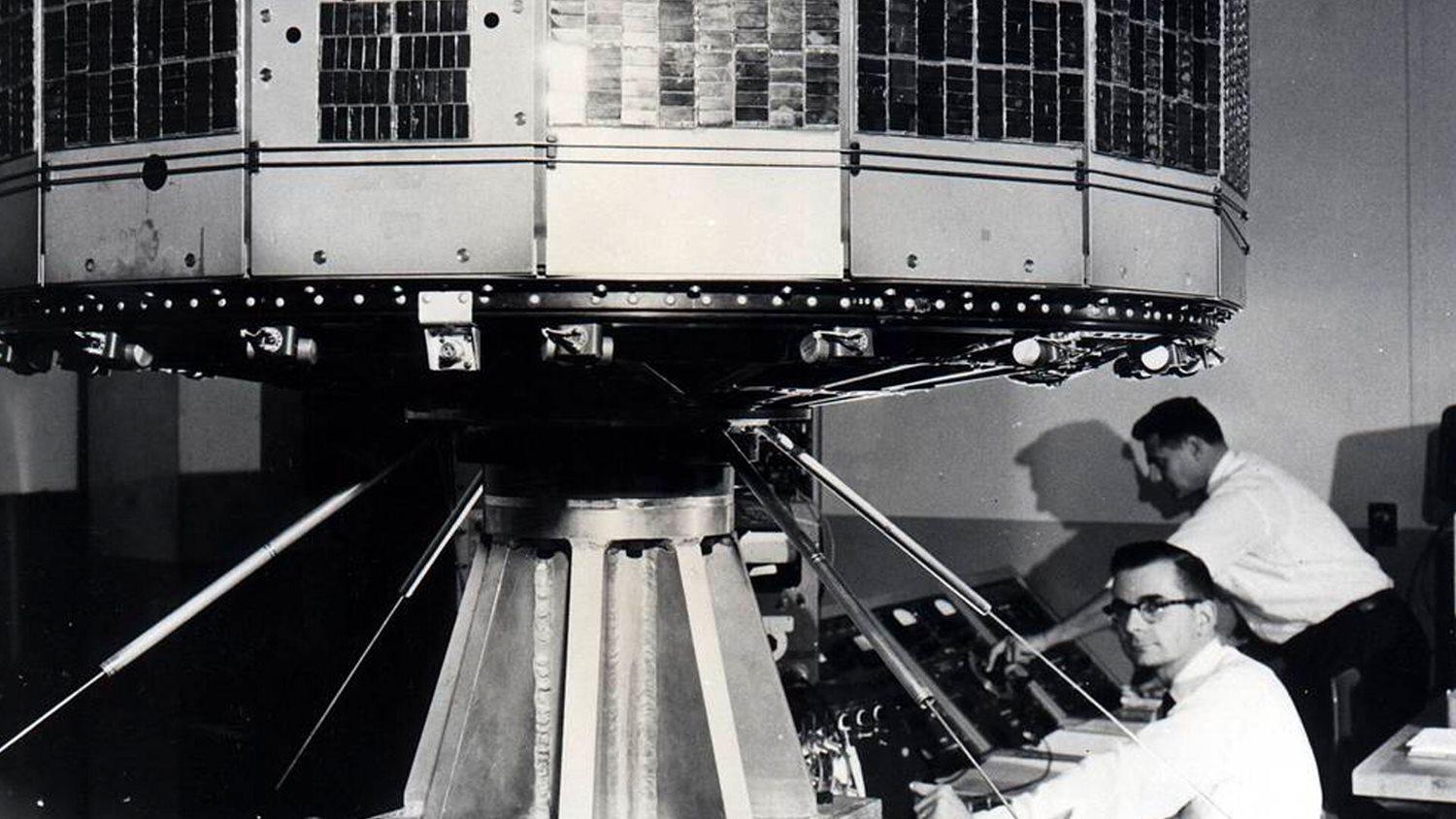 The TIROS satellite as it undergoes vibration testing at Radio Corporation of America (RCA) in Princeton, N.J. (NASA).