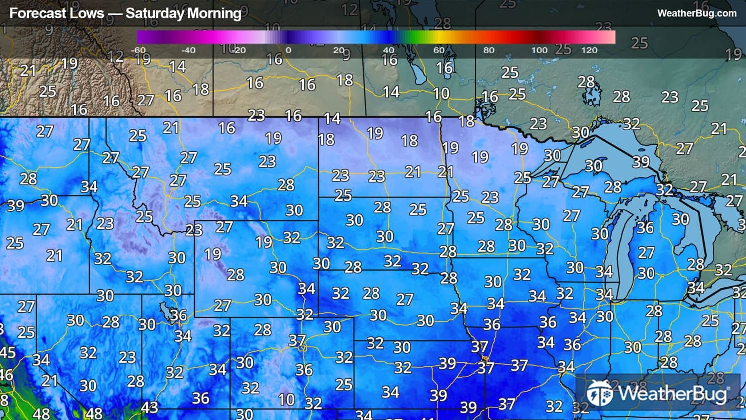 Saturday Morning's Forecast Low Temperatures