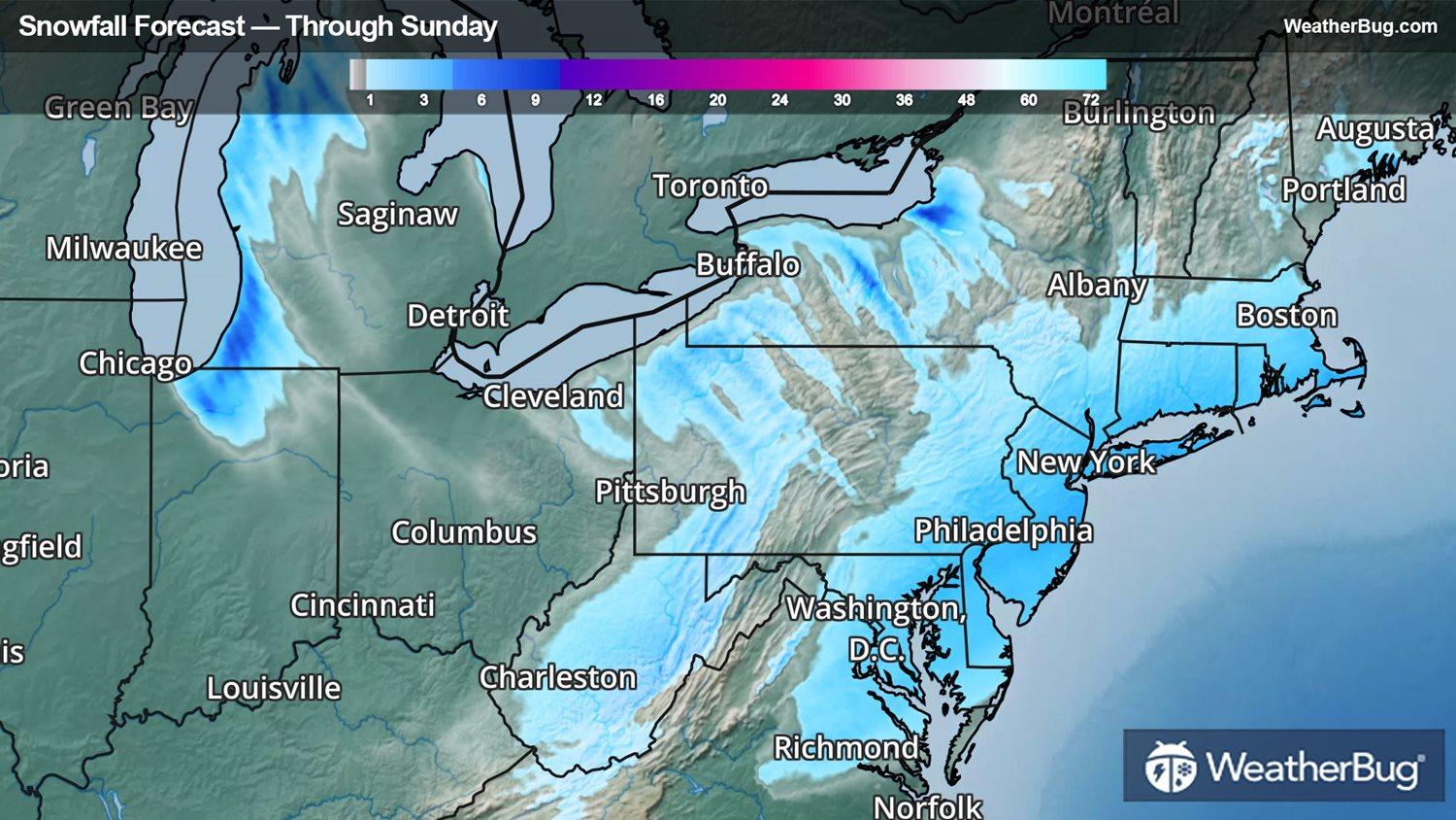 Snowfall forecast through Monday evening.