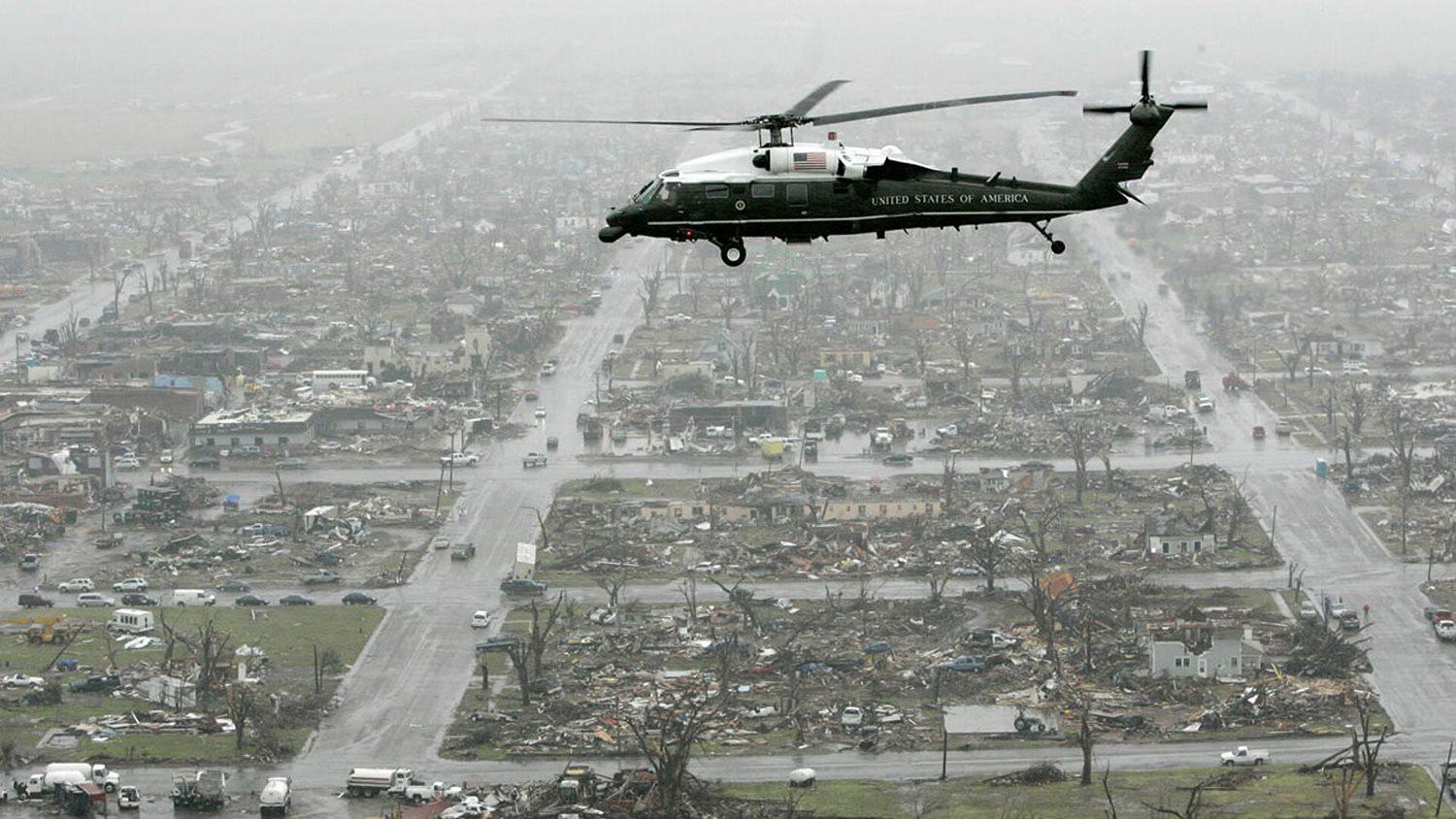 Marine One flies over tornado damage in Greensburg, Kan., Wednesday, May 9, 2007. (Charles Dharapak/AP Photo)