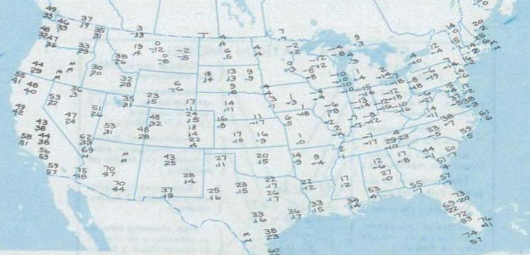 A map of the United States on January 21, 1985, detailing unusually cold temperatures for various cities as the January 1985 Arctic outbreak was in full effect. Numbers on the top depict the day's high temperatures in degrees Fahrenheit, while the numbers on the bottom denote the lowest. (NOAA/Wikimedia Commons)