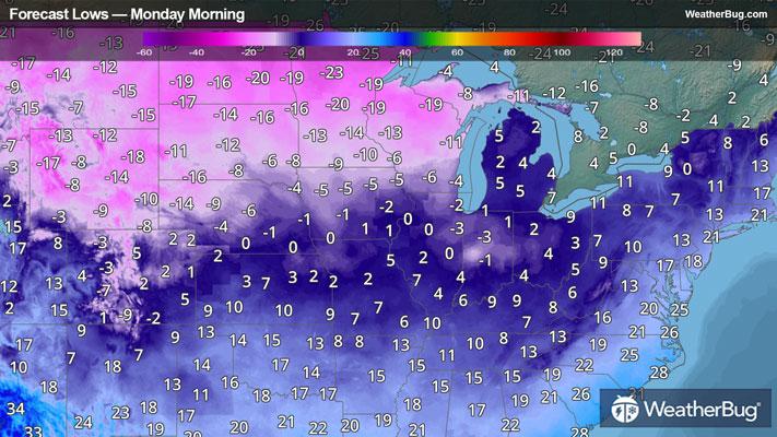 Forecast Low Temperatures on Monday Morning