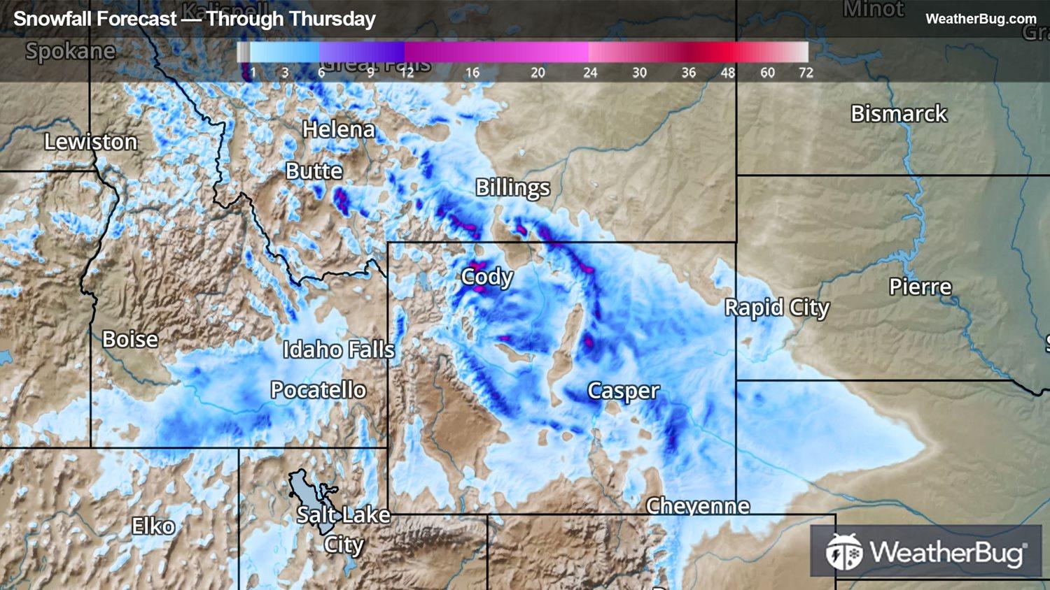 Snowfall Accumulation for the Rocky Mountains through Thursday Night