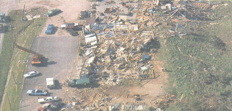 This areal image captures the devastation near Bedford, Ill., (near intersection of SR 37 & SR 50) as taken from the Bloomington Herald Times.