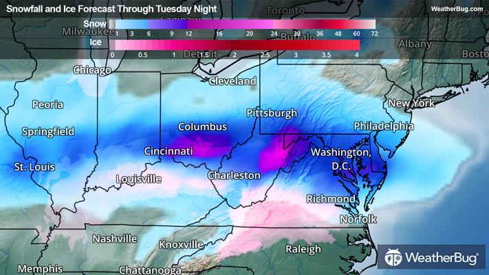 Forecast Ice and Snowfall Accumulations Through Tuesday Night