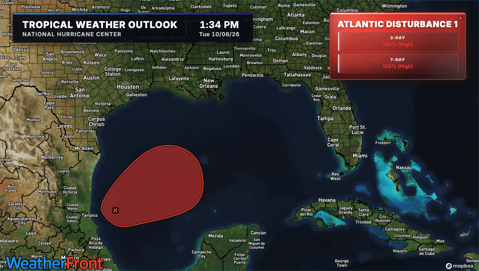 Probability of development from the National Hurricane Center. Update: Tuesday, October 6, 2026 2pm ET
