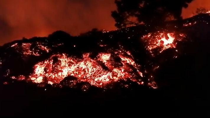Lava glowing as night falls on the Canary Islands.