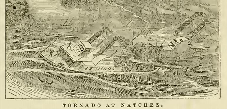 A conceptual drawing of the steamboat Hinds being capsized by the Natchez Tornado. Printed in Lloyd’s Steamboat Disasters.