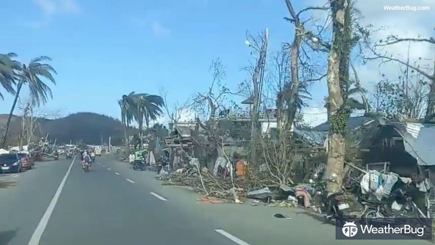 Footage shows damage from Typhoon Rai in the Barangay Rizal area of Surigao City in the Philippines on December 21 (@SyrilDC via Storyful).