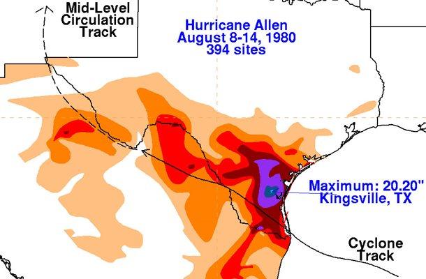 Hurricane Allen Rainfall Accumulation, August, 1980.