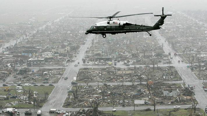 Marine One flies over tornado damage in Greensburg, Kan., Wednesday, May 9, 2007. (Charles Dharapak/AP Photo)