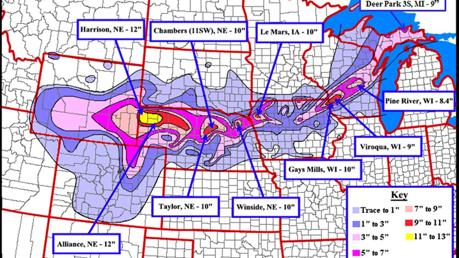 Snowfall map from the May 27-29, 1947 snowstorm (NWS La Crosse).