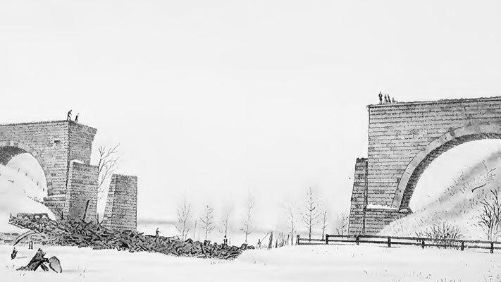 A drawing showing the collapsed railroad bridge at Ashtabula, Ohio (William W. Williams/Wikimedia Commons).